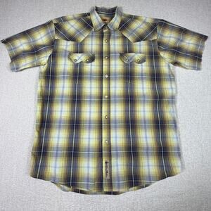Larry Mahan Mens XL Tan Gold Plaid Short Sleeve Square Pearl Snap Western Shirt